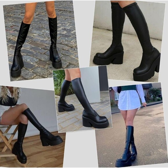 Womens Elastic Knee High Platform Chunky Block High Heel Sock Boots Sz 6.5 - Picture 5 of 9